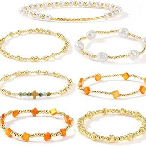 7PCS Beaded Pearl Bracelets Women Dainty Cross Clover Gold Stack Jewelry